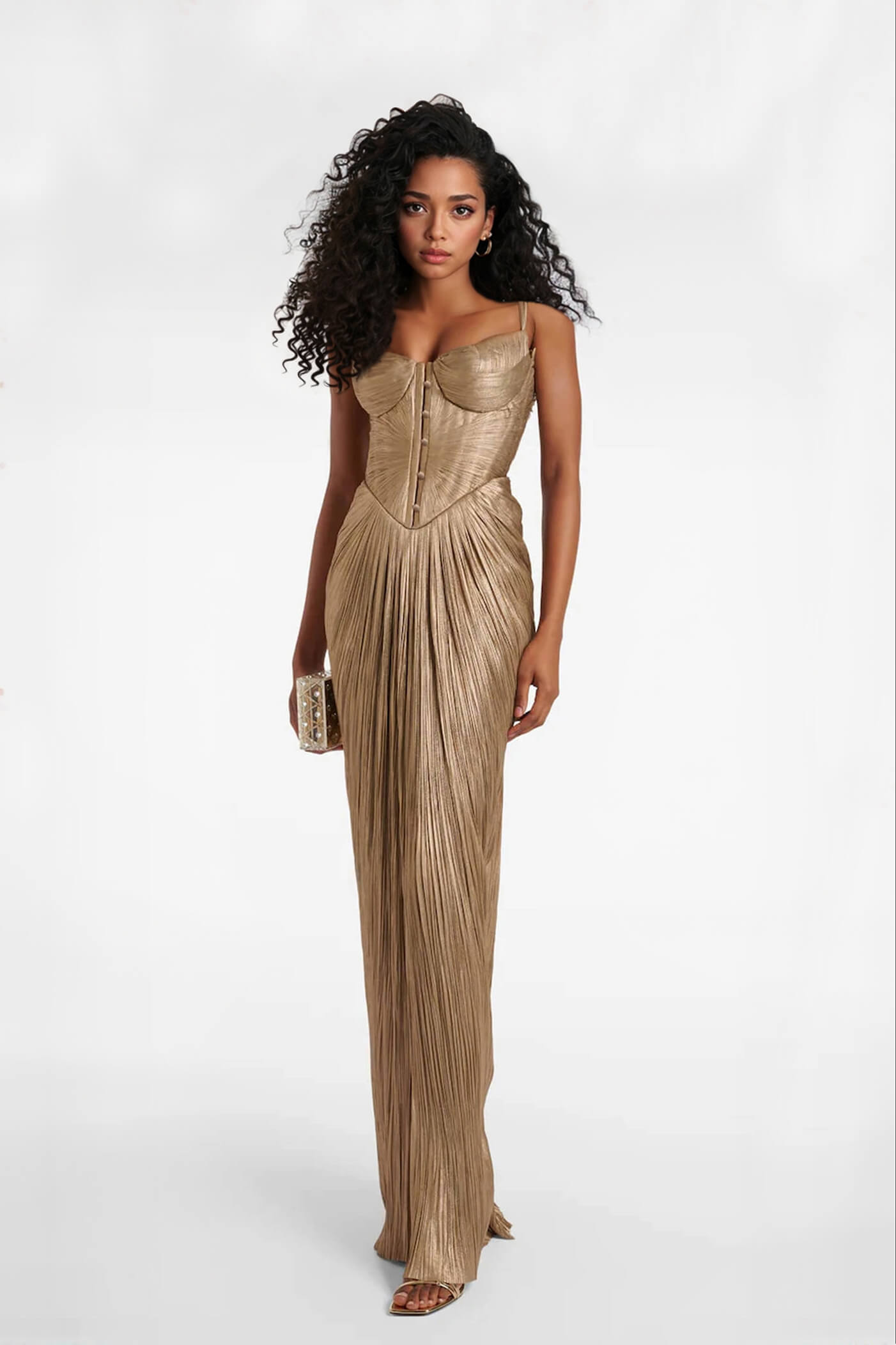 Elegant Pleated Metallic Tie-Waist Party Slit Gown Maxi Dress