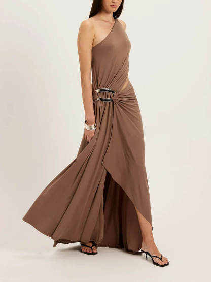 Elegant Asymmetrical One-Shoulder Draped High-Slit Maxi Dress