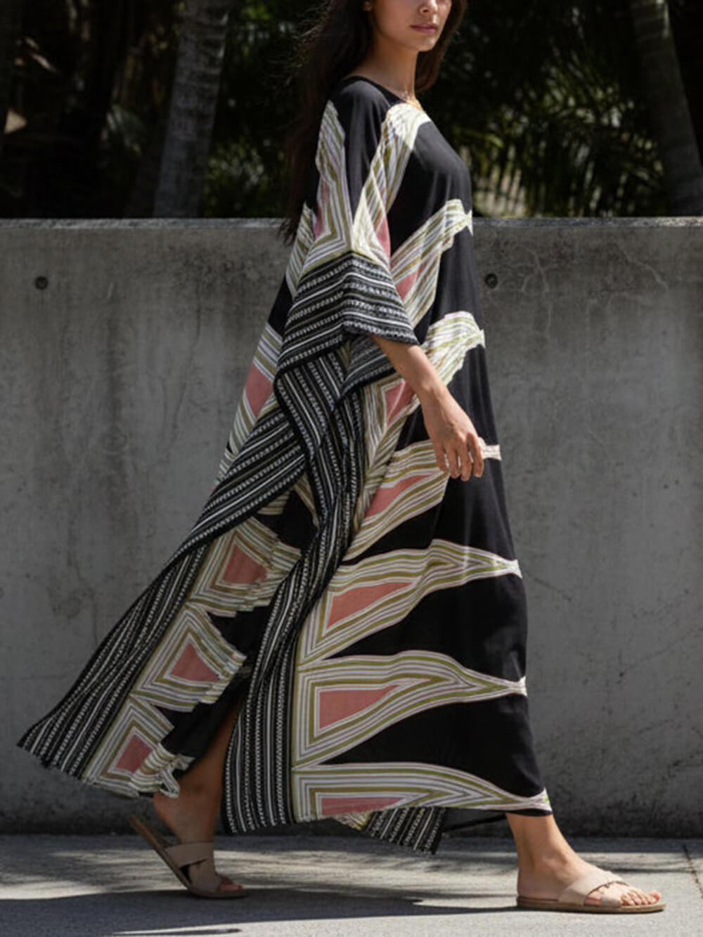 Retro Puzzle Print Kimono Beach Maxi Dress