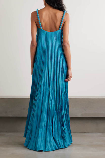 Elegant Beaded Pleated Linen Maxi Dress