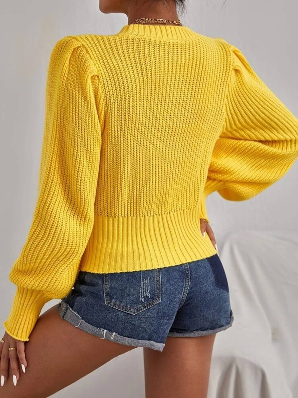 Fashion Solid Color Cable Knit Balloon Sleeve Crewneck Sweater