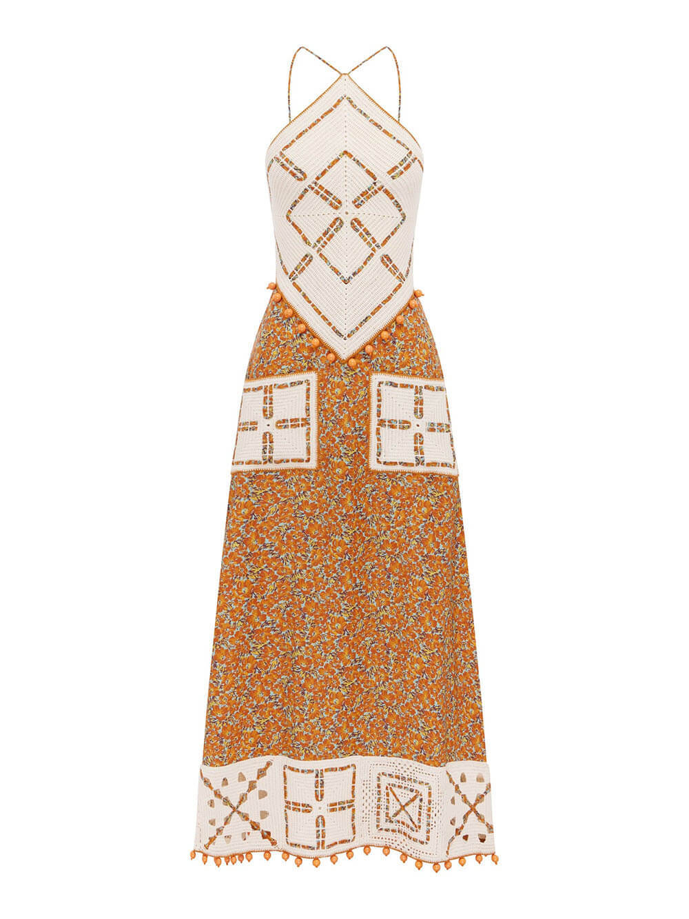 Retro Print Crochet Backless Maxi Dress