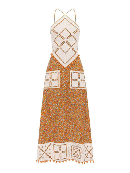 Retro Print Crochet Backless Maxi Dress