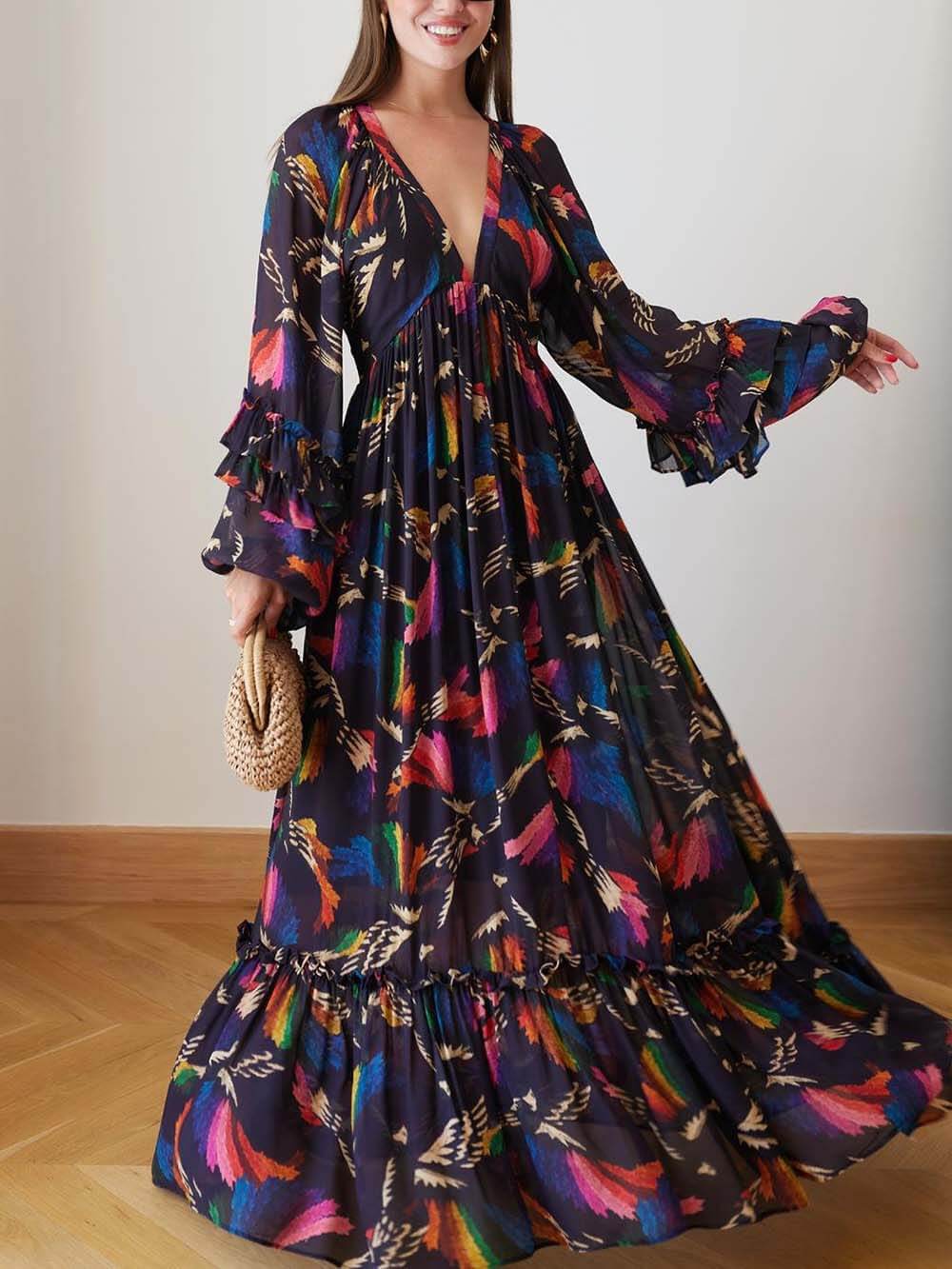Delicately Patterned V-Neck Ruffle Sleeve Details Maxi Dress