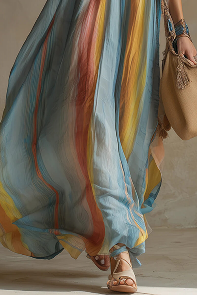 Exquisite Romantic Vacation Blue Rainbow Print Chiffon Maxi Dress