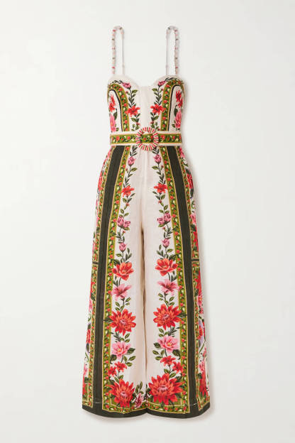 Retro Lace-up Print Linen Jumpsuit