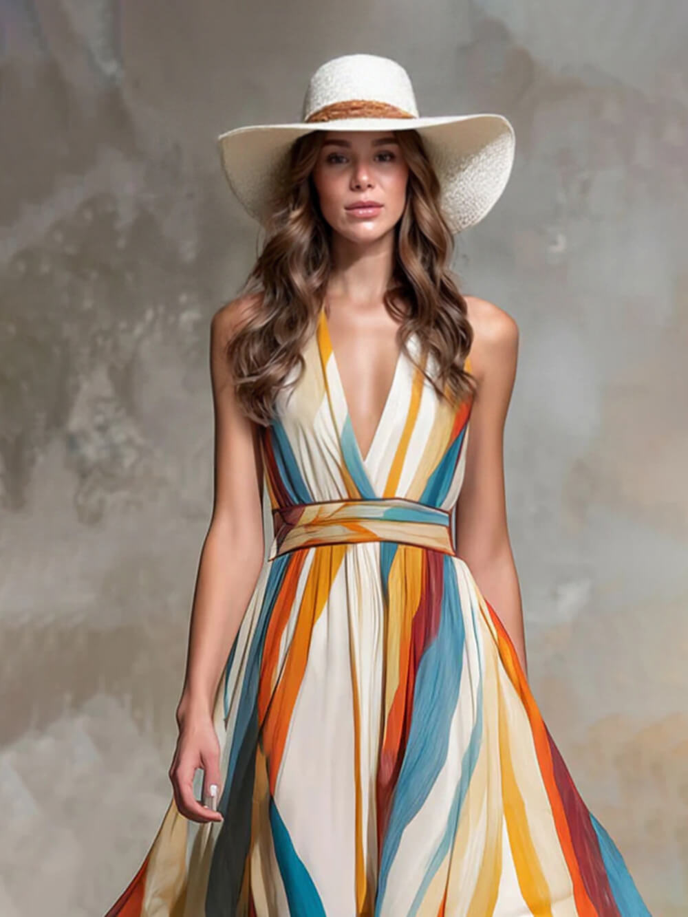 Retro Rainbow Striped Chiffon Sleeveless Maxi Dress