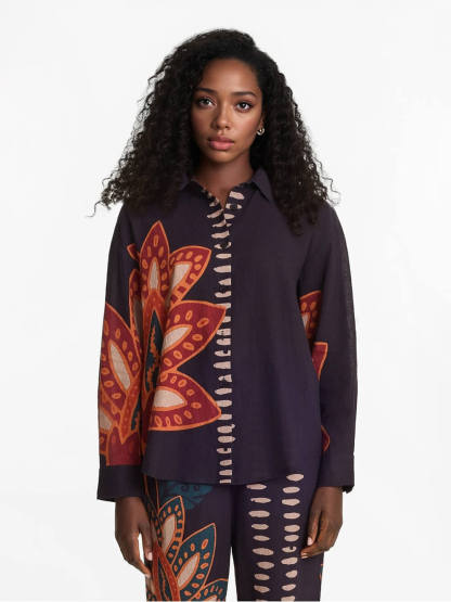 Exquisite Floral Print Linen Button-Down Loose Top