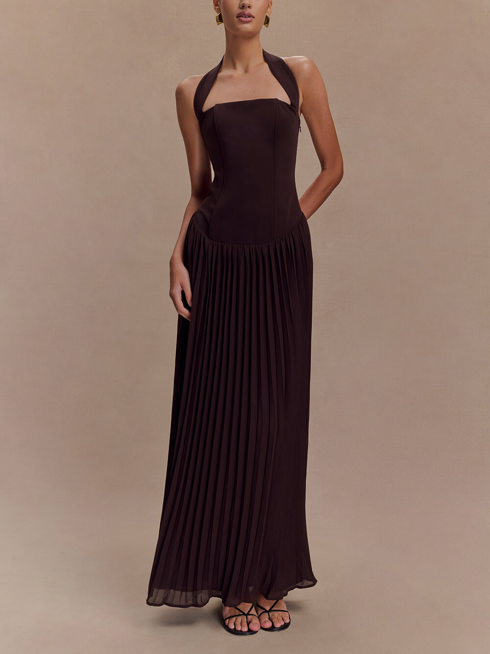Elegant Pleated Halter Neck Maxi Dress