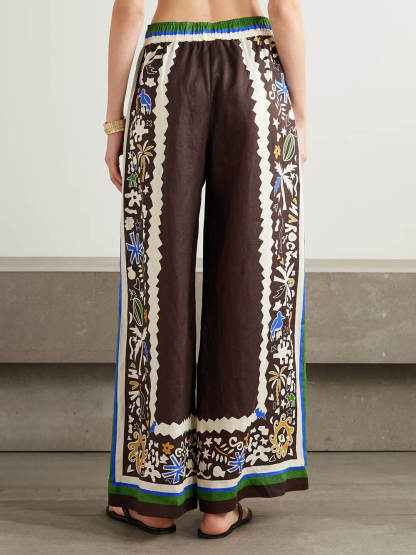 Unique Vintage Moroccan Print Linen Elastic Waist Pocket Wide-Leg Pants