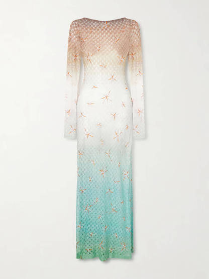 Sexy Backless Gradient Embroidered Metal Hook Crochet Maxi Dress