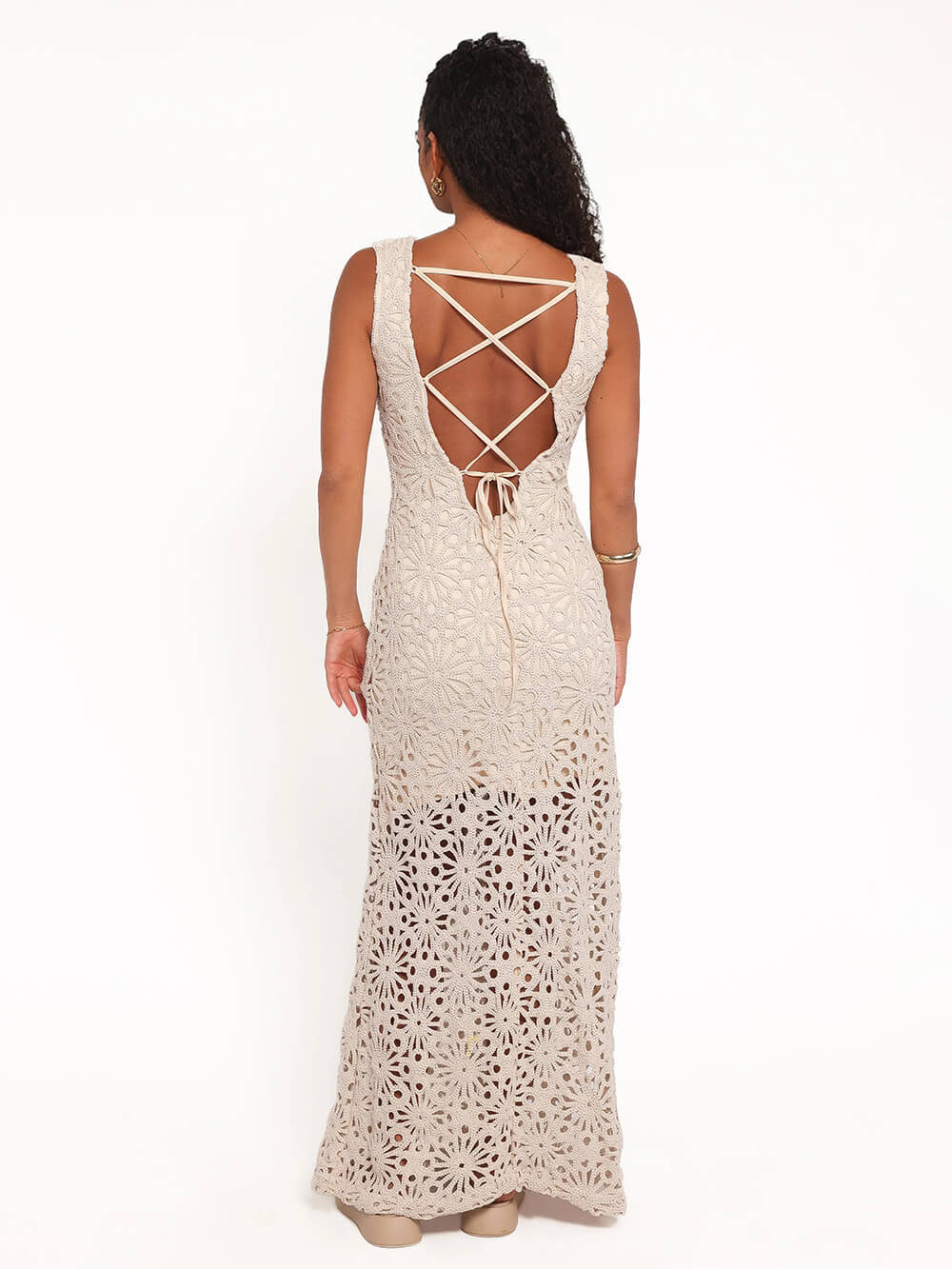 Fashion Crochet Lace Floral Pattern Backless Lace-up Vacation Maxi Dress
