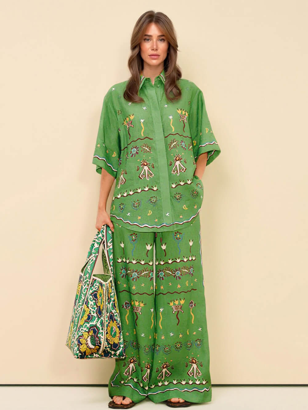 Unique Casual Sun Dancer Print Elastic Waist Loose Pocket Wide-Leg Pants