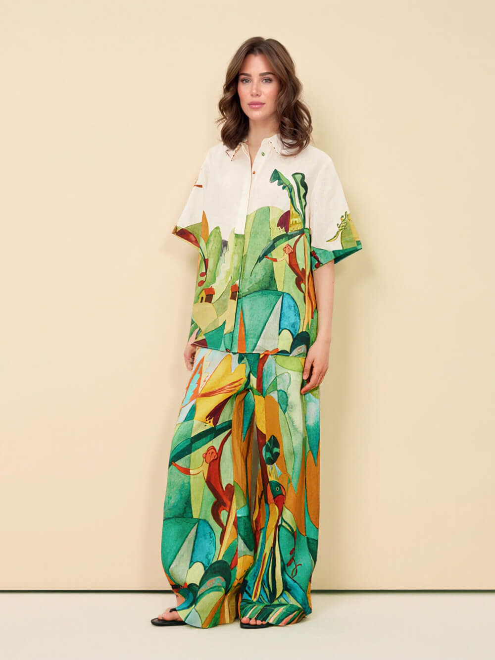Unique Modern Linen Abstract Print Loose Wide-Leg Pants