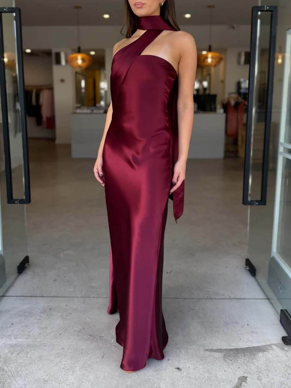 Elegant Satin Tie-Detail Party Maxi Dress