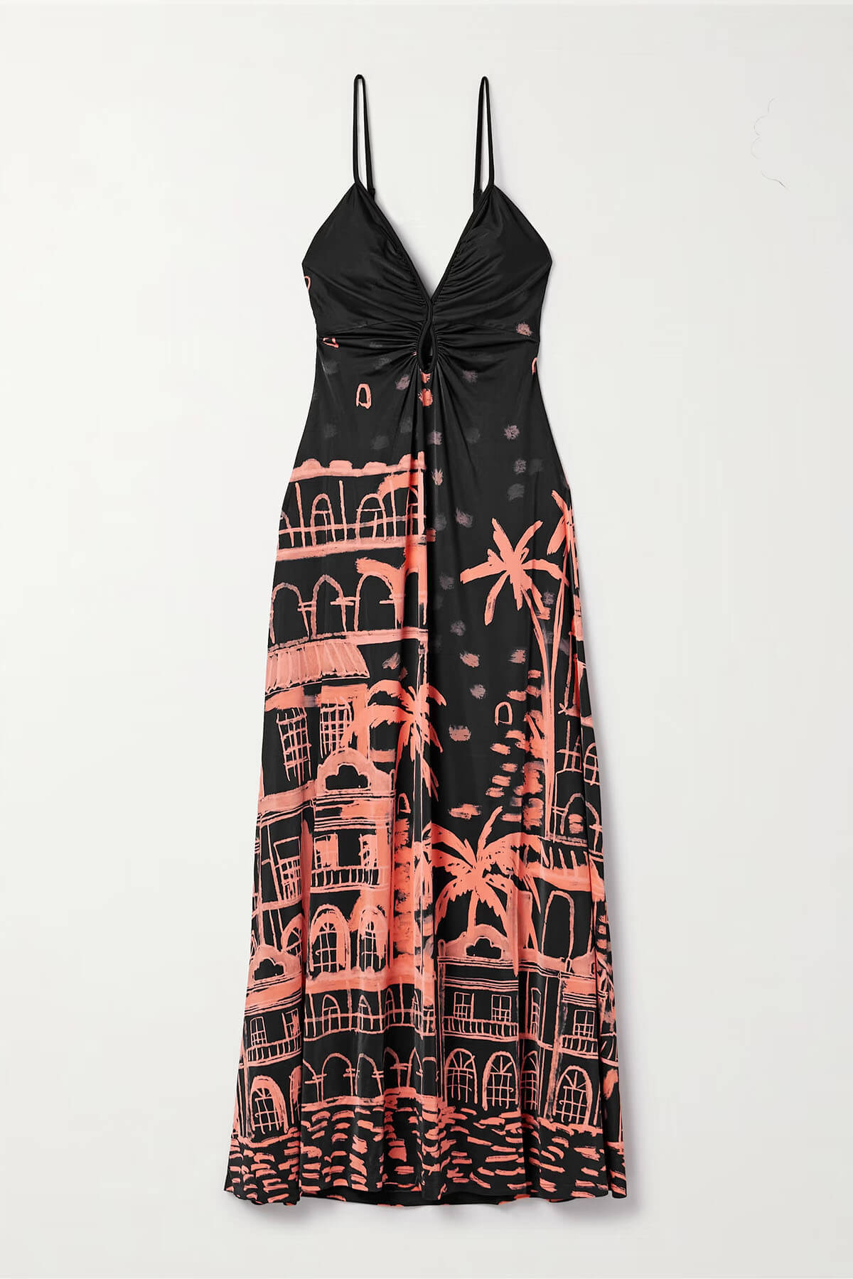 Unique Ruched Print Satin Maxi Dress