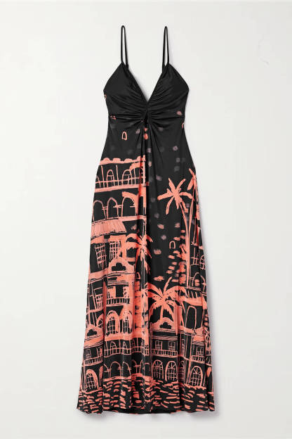 Unique Ruched Print Satin Maxi Dress