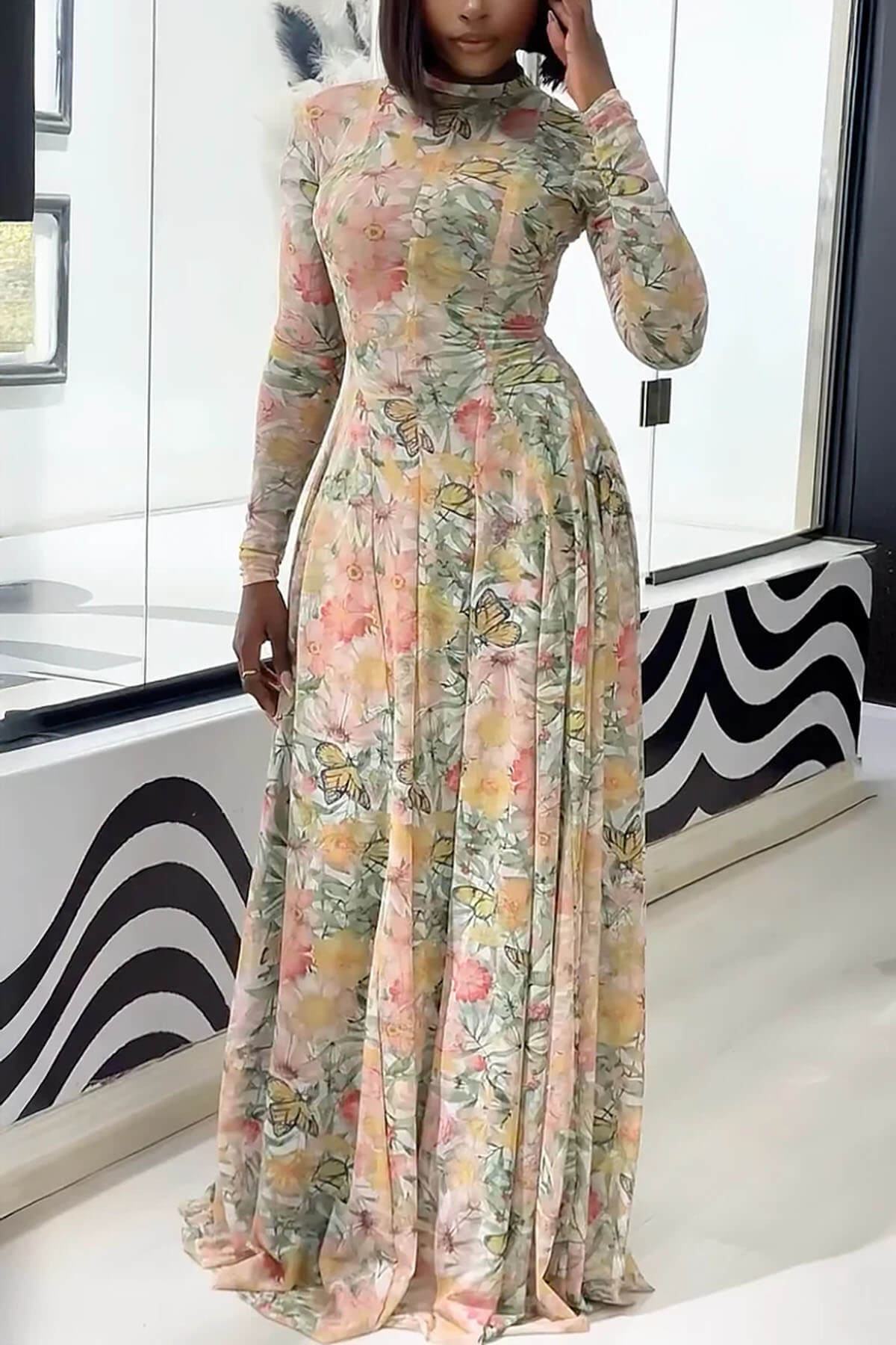 Elegant Floral Butterfly Print Maxi Dress