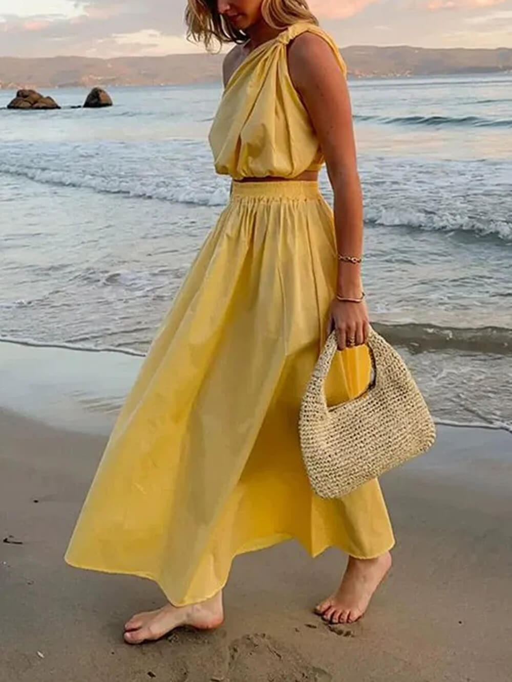 Elegant Solid Ruched High-Waist Maxi Skirt