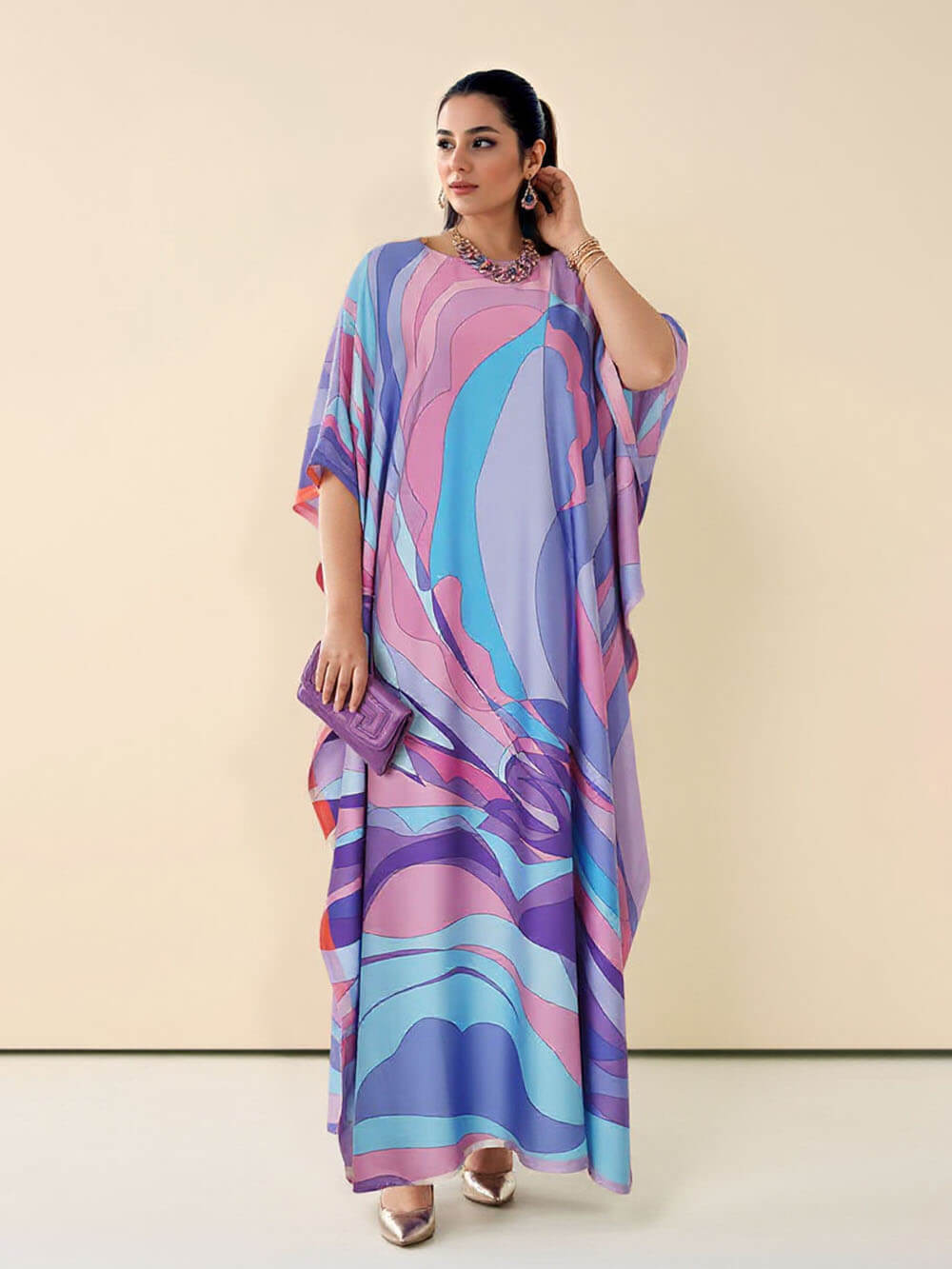 Classic Print Kaftan Kimono Maxi Dress