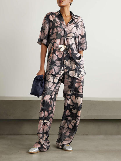 Unique Floral Print Satin Button-Down Loose-Fitting Shirt