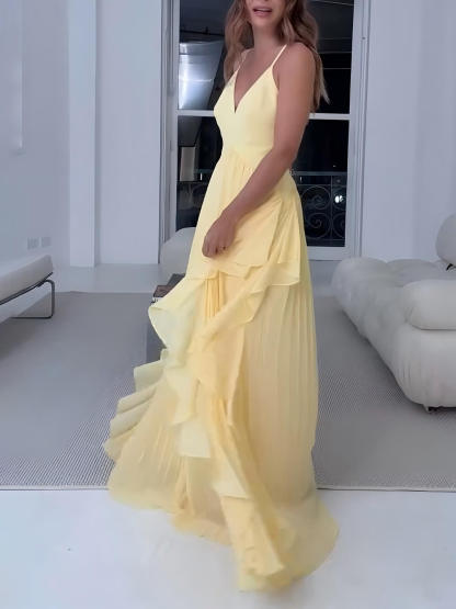 Delicate Yellow Layered Patchwork Ruched Party Maxi Dress