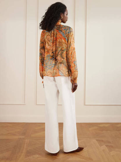 Exquisite Ruffle Trim Paisley Print Chiffon Blouse