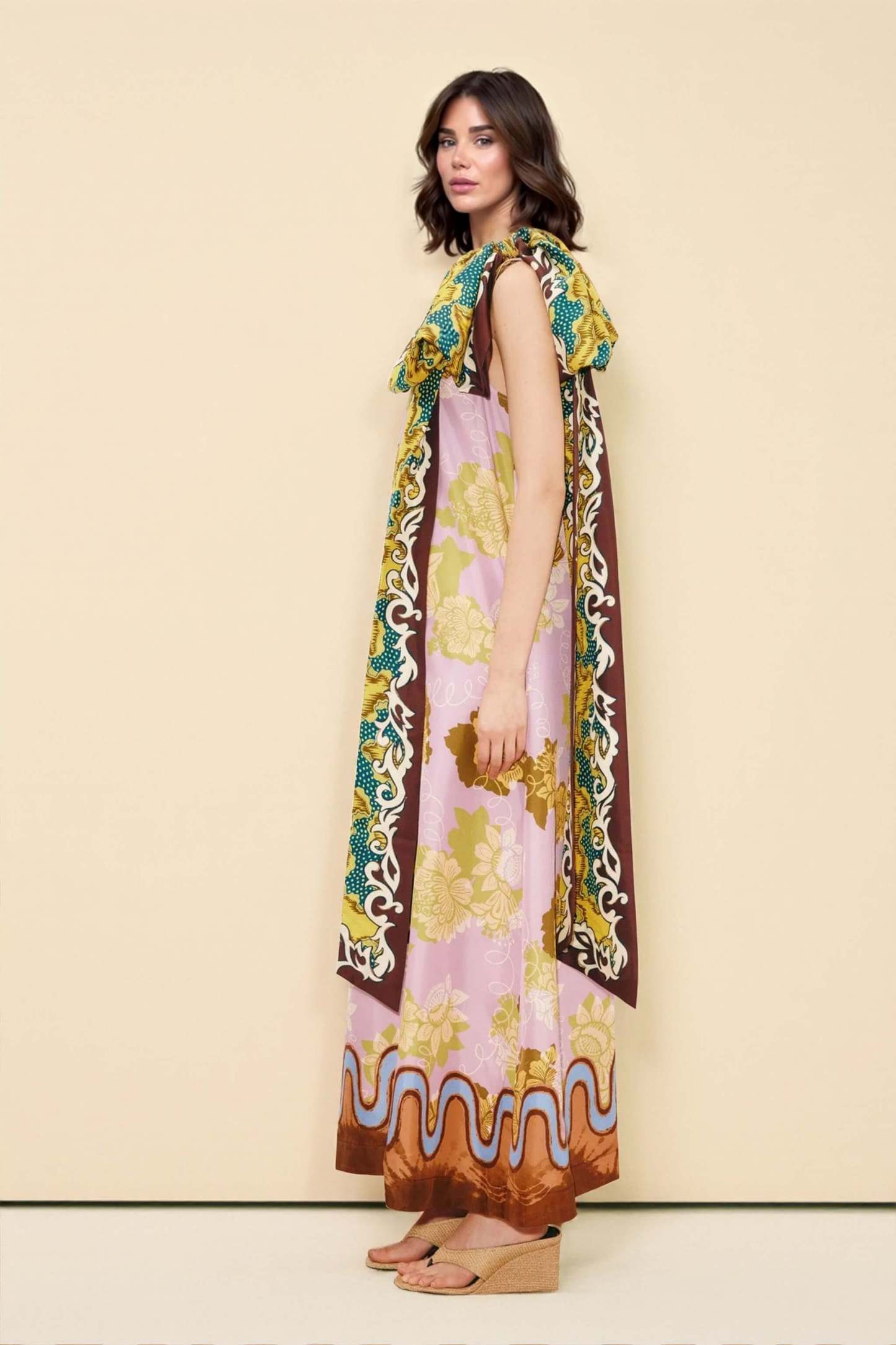 Modern One-Shoulder Printed Satin Bow Maxi Dress