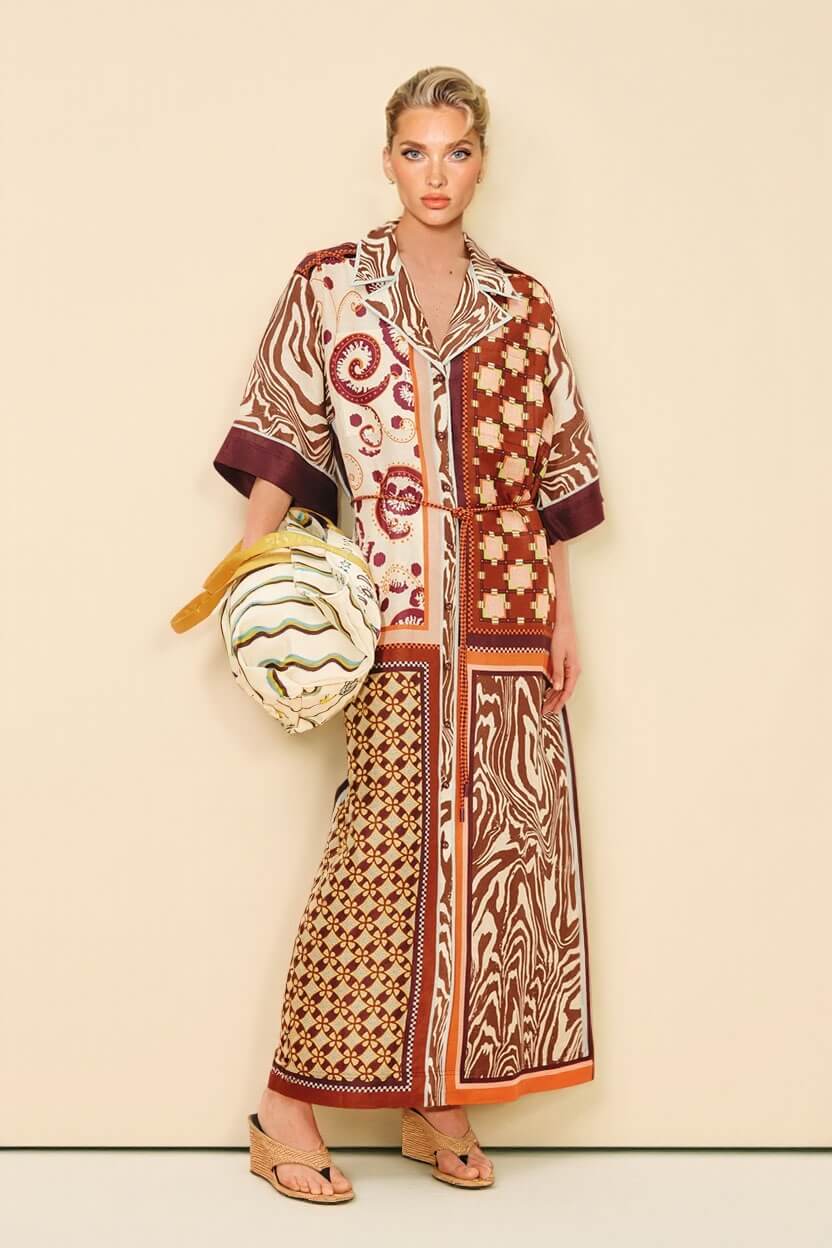 Unique Color-Block Print Side Pocket Loose Maxi Shirtdress