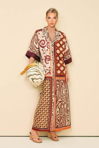 Unique Color-Block Print Side Pocket Loose Maxi Shirtdress