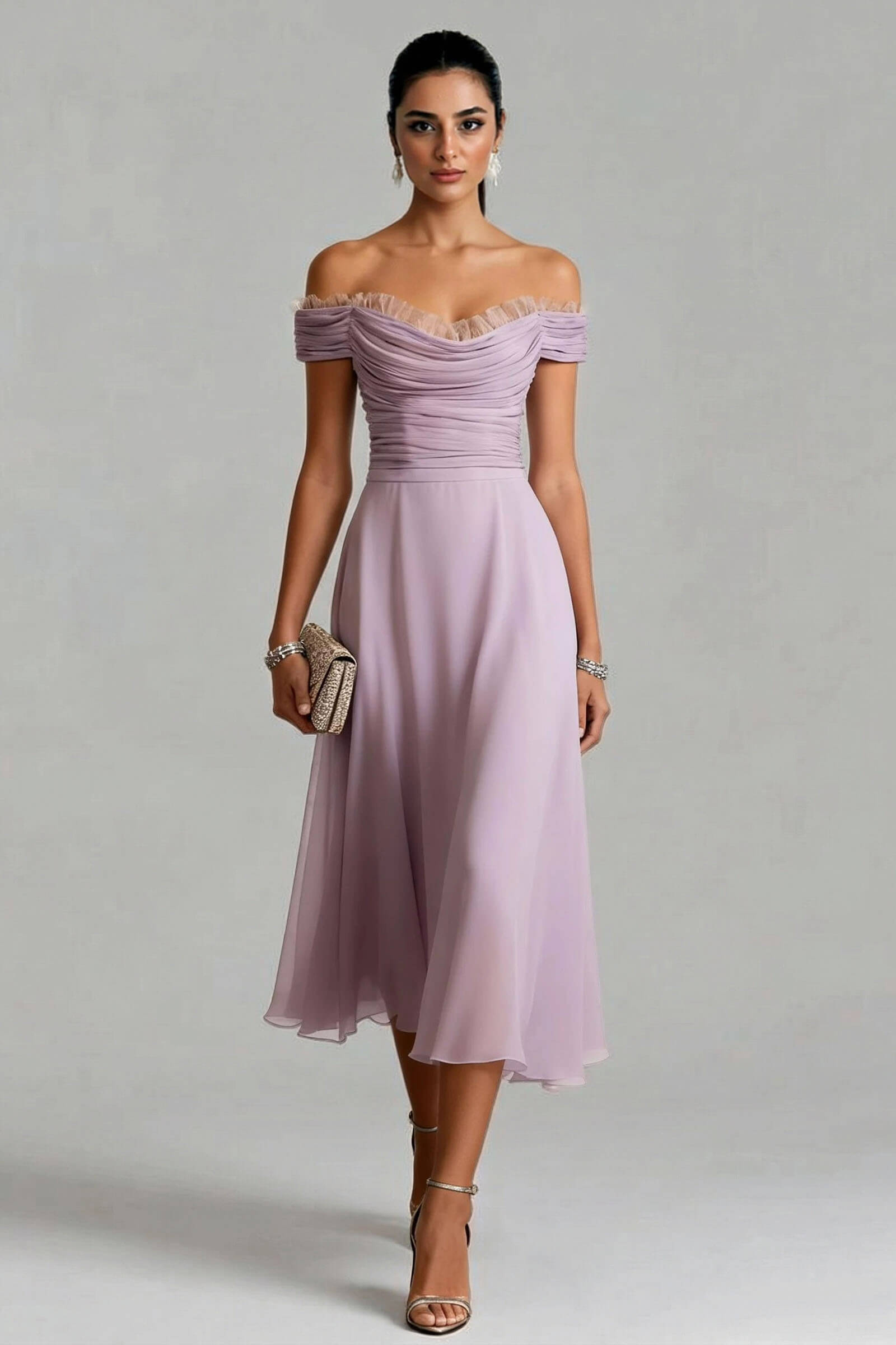 Elegant Peplum Pleated Chiffon Off The Shoulder Sleeveless A-Line Midi Dress