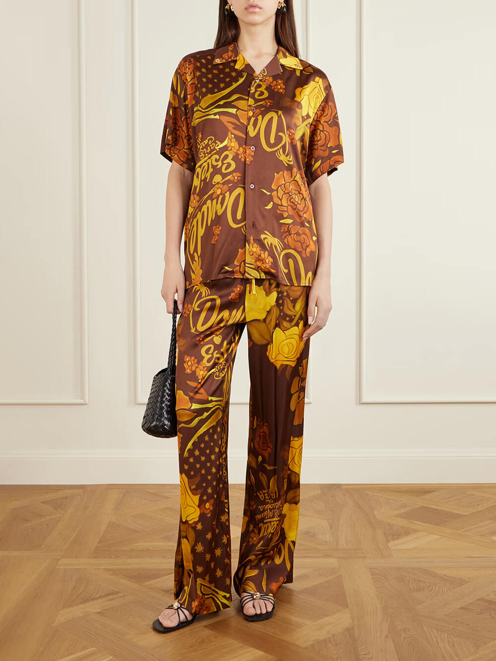 Unique Printed Satin Button-Down Loose Shirt