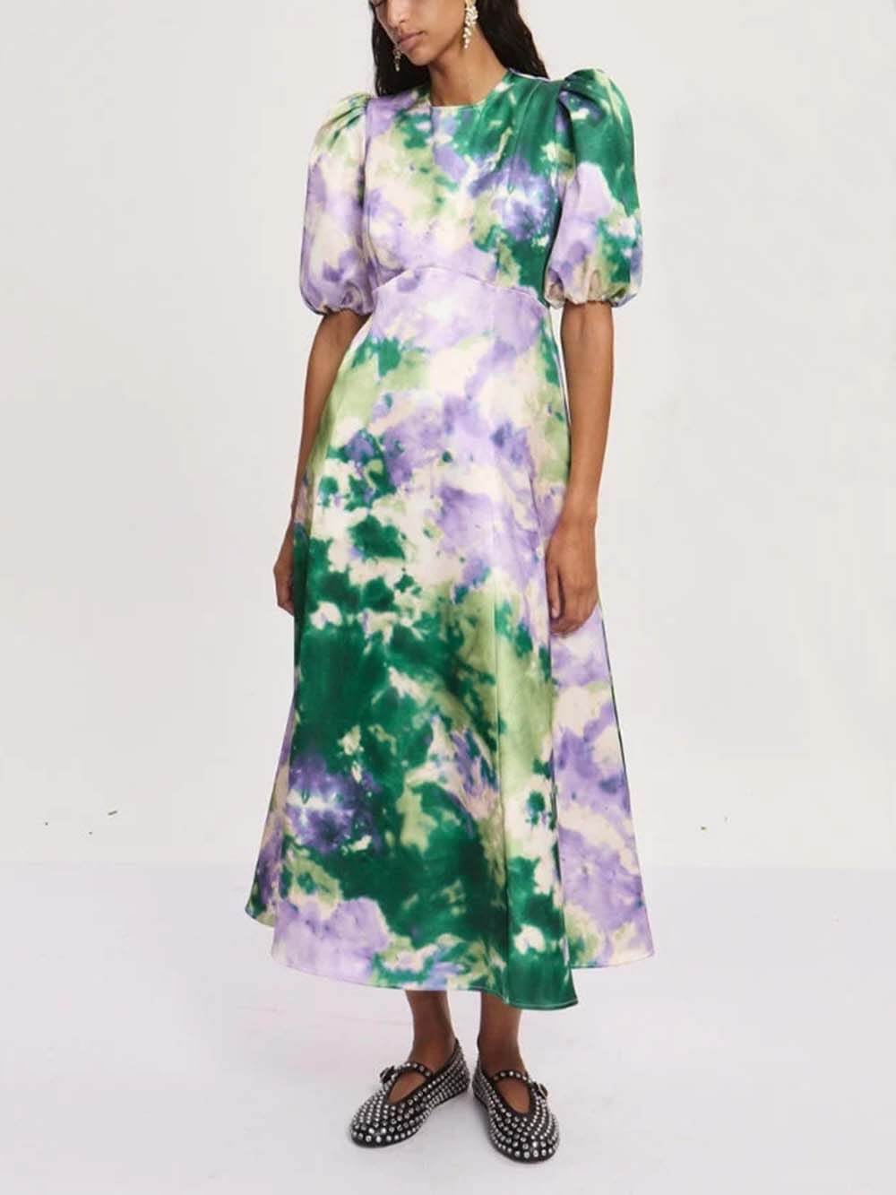 Retro Tie-Dye Puff Sleeve A-Line Maxi Dress