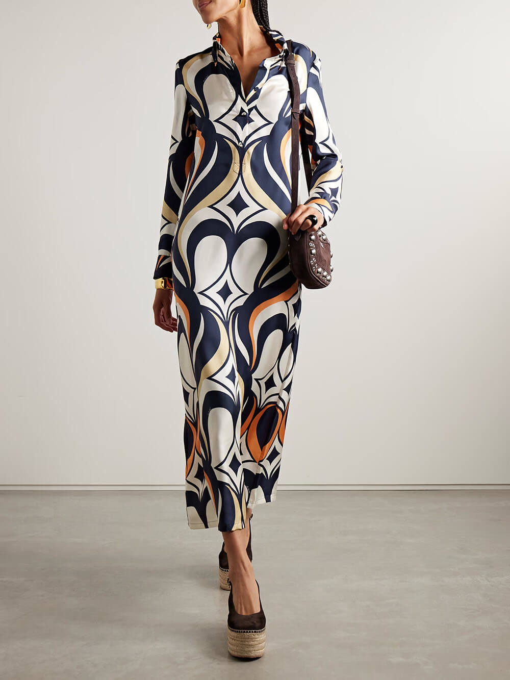 Classic Printed Satin Twill Shirt Maxi Dress
