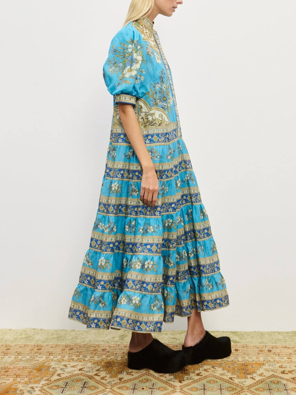 Unique Floral Print Puff Sleeve Tiered Shirt Maxi Dress