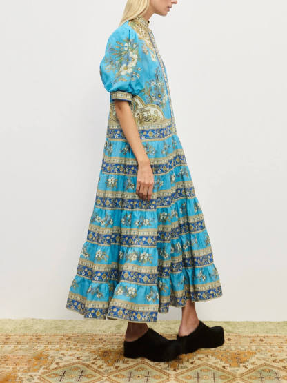 Unique Floral Print Puff Sleeve Tiered Shirt Maxi Dress