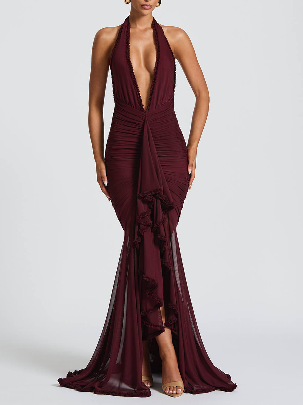 Elegant Lace-Trimmed Halter Deep V Evening Gown Maxi Dress