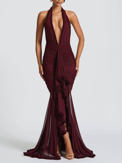 Elegant Lace-Trimmed Halter Deep V Evening Gown Maxi Dress