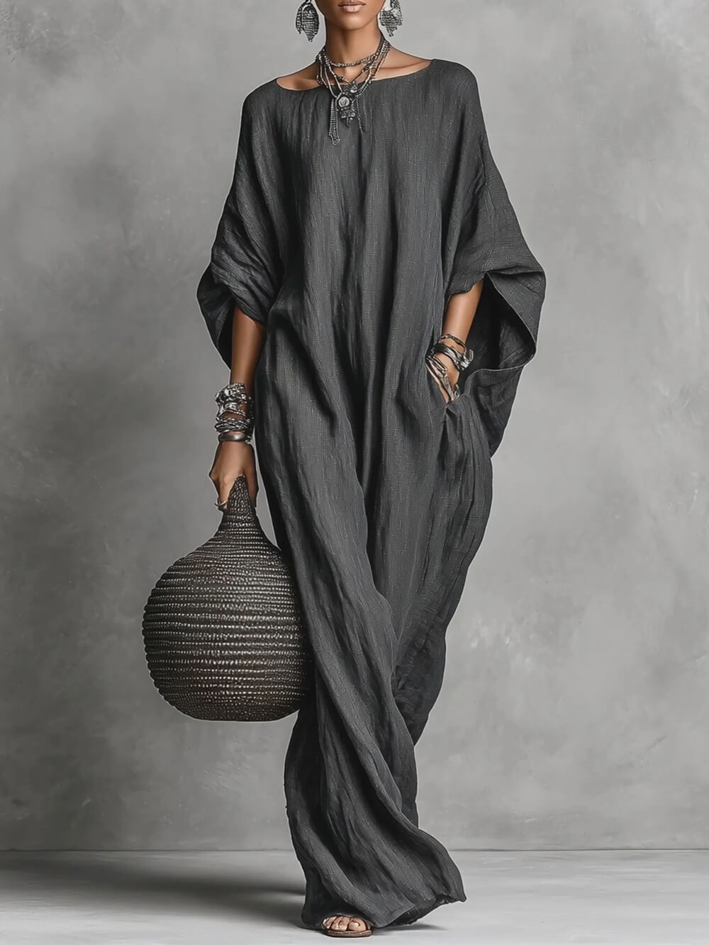 Casual Linen Batwing Sleeve Loose Maxi Dress