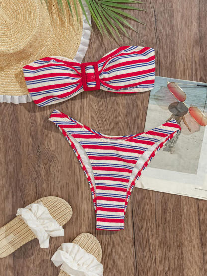Sexy Bandeau Striped Color-Block Two-Piece Bikini Set