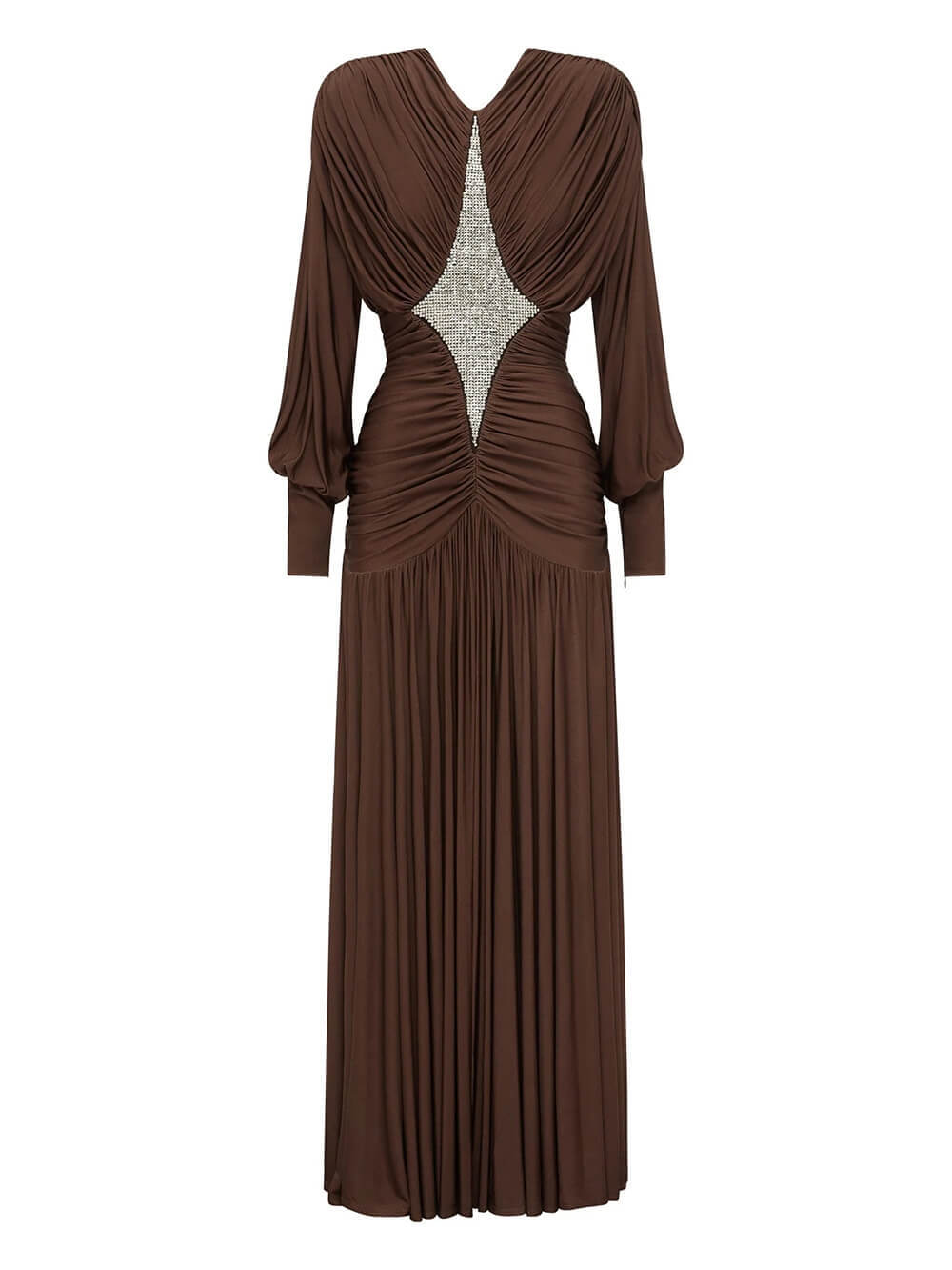 Elegant Sequin Panel Ruched Lantern-Sleeve Bodycon Maxi Dress