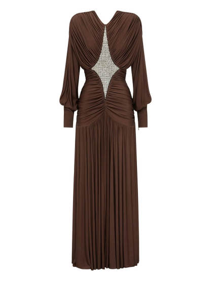 Elegant Sequin Panel Ruched Lantern-Sleeve Bodycon Maxi Dress