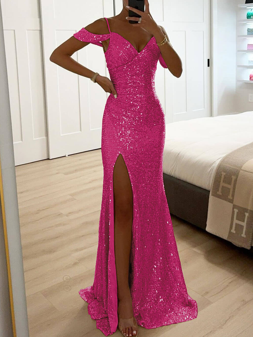 Elegant V-Neck Sequin Side-Slit Sleeveless Gown Maxi Dress