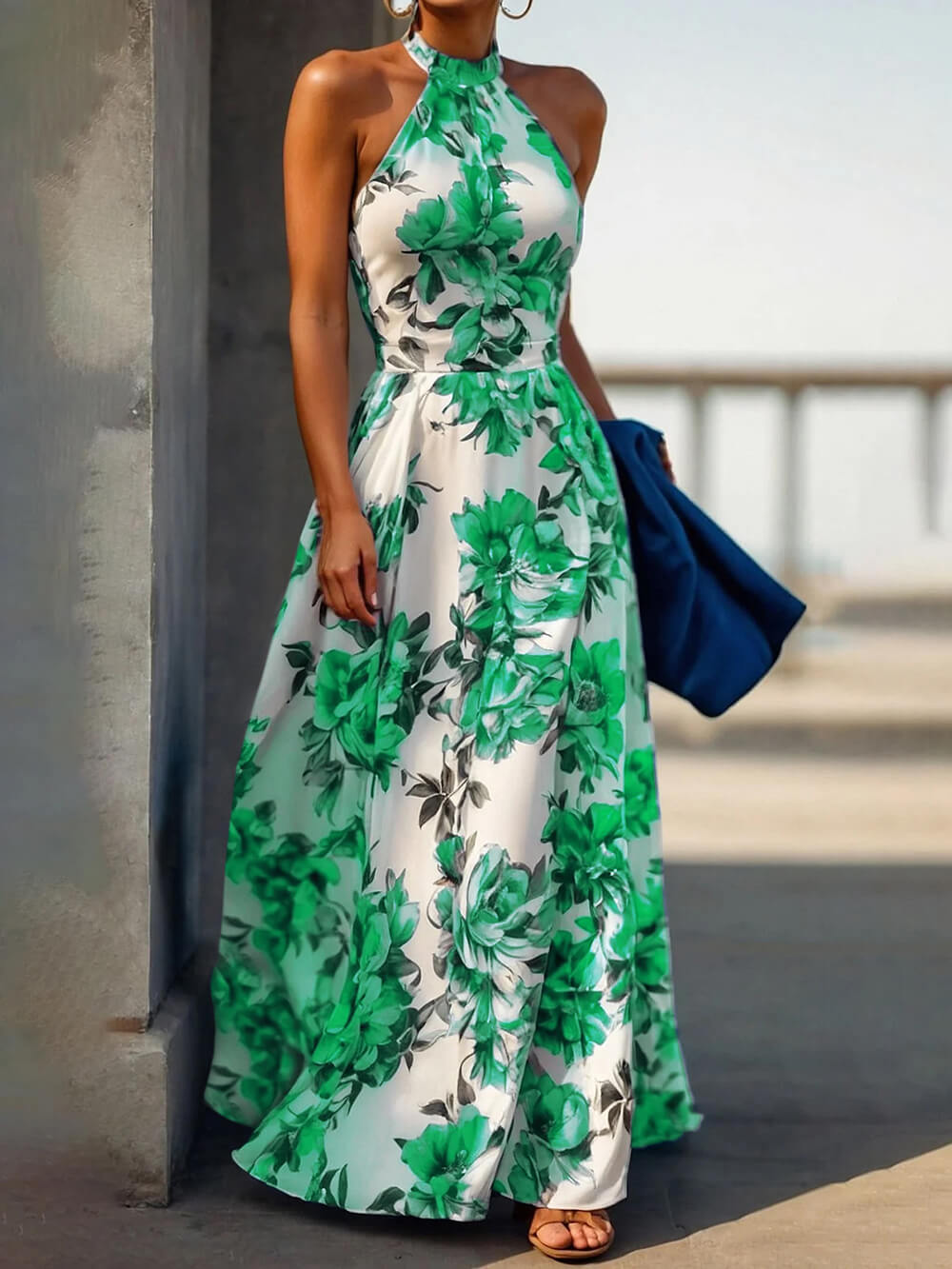 Robe Longue Femme été - Imprimé Fleurs, Col V, Manches Courtes, Taille Haute - Idéale Pour Plage, Vacances, Cocktail - 3