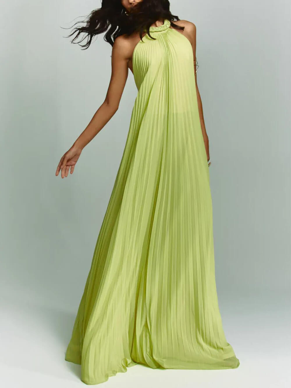 Elegant Ruched Woven Chiffon Halter Backless A-Line Maxi Dress