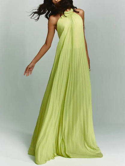 Elegant Ruched Woven Chiffon Halter Backless A-Line Maxi Dress