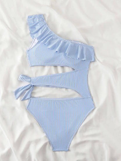 Sexy Striped Print Ruffled Cutout Tie-Waist One-Piece Swimsuit
