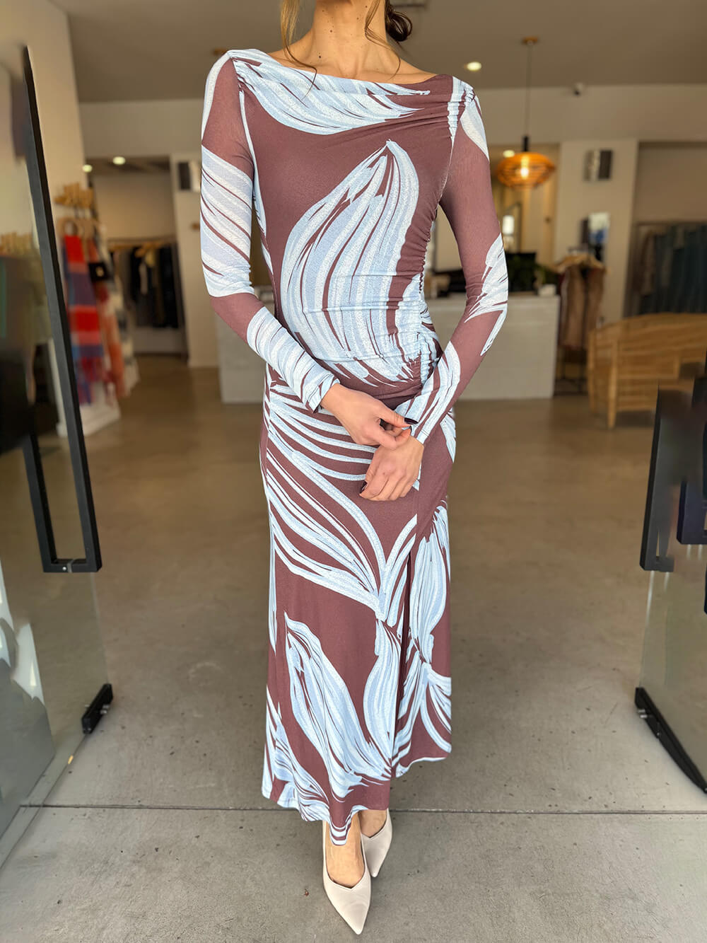 Elegant Printed Off-Shoulder Ruched Front Slits Maxi Dress