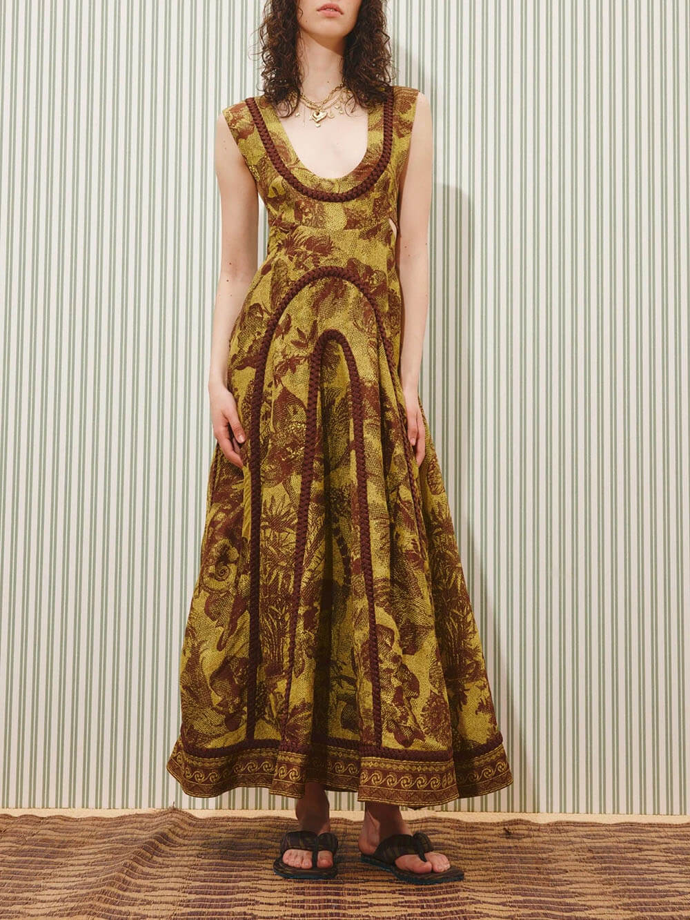 Delicate Printed Cut-Out Patchwork Knit Maxi Dress