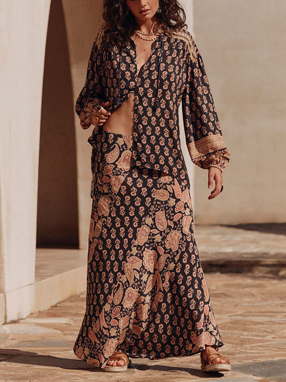 Boho Printed Draped Loose Button-Up Shirt